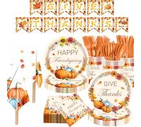 134pcs Friends Giving Plates Set with Tablecloth Serve 16 Guests, Glazeal 16 Sets Disposable 7in / 9in Plates with 20pcs Thanksgiving Napkins& 16 Sets Tableware, Tablecloth & Pull Flag-Pumkin