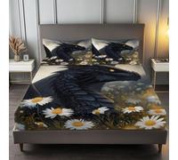 135 x 200 cm 100% Microfiber Bedding Sheets, Black-Gray Easy Care Bed Sheets Fantasy Animal Black Dragon Pattern with 2 Pillowcases, Double Size Fitted Sheet - 30 cm Deep Pocket