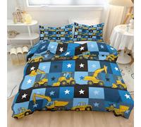 135 x 200 cm Duvet Cover Set, Reversible Construction Vehicles Stars Printed Bedding with Soft-Touch Fabric and Cartoon Inspired Design, Blue And Yellow