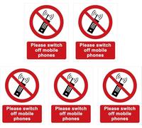 135mm x 180mm Self-Adhesive Vinyl Signs, Set of 5, 'Please Switch Off Mobile Phones'