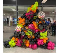 135PCS Neon Halloween Balloon Garland Kit, Bright Pink Lime Green Orange Black Balloons Arch with Diy Spider & Bat, Cute Halloween Party Decorations for Kids Spooky Night Trick or Treat Backdrop Decor