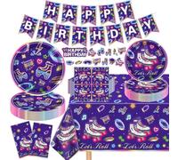 136 Pack Roller Skating Party Supplies Let's Roll Birthday Supplies Roller Skate Party Tableware And Banner Set for Roll Themed Skating Party Decorations Serves 40