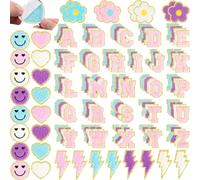 136 Pcs Novel Style Chenille Patches for Clothing - Self Adhesive Rainbow Flower Face Love Heart Patches for Jeans Embroidered Applique