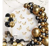 136 Pcs Party Balloons, Assorted Reusable Latex Gold and Black Balloons with Gold Butterfly, 5-18 Inch Balloon Arch Garland Decorations Kit for Men Women Birthday Party, Graduation Decoration