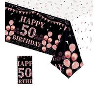 137*274cm Black Rose Gold 50th Birthday Table Cloth for Women,Happy 50th Birthday Table Decorations Plastic Tablecloths Disposable Tablecover for Woman,Ladies,Her 50th Birthday Gifts Party Decoration
