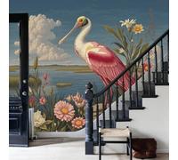 137.8"H x 100"W Orange-red Elegant animal Spoonbill Wallpaper Not Peel and Stick Exquisite Retro Lake Lotus Paper Non Woven Fabric Wall Stickers for Bedroom Bathroom Garage Pantry Basement Walls