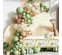 137 PCS 1st Birthday Decorations, Baby Shower Balloon Arch Kit with Sage Green White Cream Golden Pattern Balloons, Napkins and Tablecloth for Birthday Party Jungle Safari Decor (Green)