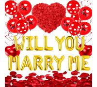138 Pcs Will You Marry Me Decorations, Gold and Red I Love You Party Supplies, Swirls Foil Balloons Red Heart Balloons Rose Petals for Romantic Engagement Valentines Anniversary Decorations