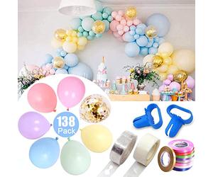 138Pcs Pastel Balloon Arch Kit - 50 x 5" & 10" Balloons + 12" Gold Confetti + 5m Arch Strip + Tying Tools & Dot Glue + 10m Ribbon