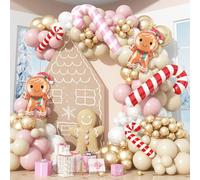 138PCS Pastel Pink Beige Christmas Balloon Arch Kit, Dusty Baby Pink Pearl Ivory White Cream Metallic Gold Balloon Arch Set with Candy Cane Gingerbread Foil Balloos for New Year Xmas Party Decorations