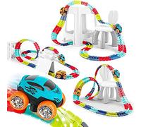 138Pcs Race Track Car, Car Track Playset, Magic Zero Gravity Flexible DIY Construction Track Light Up Toys for Kids