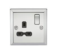 13A 1G DP Switched Socket with Black Insert - Bevelled Edge Polished Chrome
