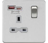 13A 1G SP Switched Socket with Dual USB A+C 12V DC 1.5A [Max. 18W] - Brushed Chrome with Grey Insert