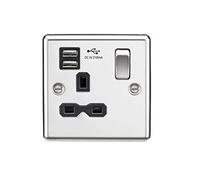 13A 1G Switched Socket Dual USB Charger Slots with Black Insert - Rounded Edge Polished Chrome