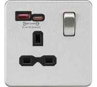Knightsbridge SFR9919BC Screwless 13A 1G Switched Socket + 2xUSB (A+C) FAST - Brushed Chrome