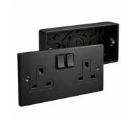 13A 2 Gang Double Switched Socket & 29mm Surface Mount Back Box - Matt Black Round-Edge Metal Plate, Sleek Modern Plug Socket for Home or Office - Easy Install, Durable, Stylish Finish