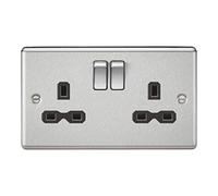 13A 2G DP Switched Socket with Black Insert - Rounded Edge Brushed Chrome