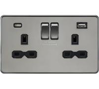 Knightsbridge Switched Socket - 13A 2G, Dual USB A+C 5V/4A shared - Black Nickel & Black Insert