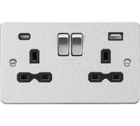 Knightsbridge FPR9940BC Flat Plate 13A 2G SP Switched Socket + 2xUSB A+C (5V DC 4.0A Shared) - Brushed Chrome + Black Insert