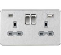 Knightsbridge 13A 2G SP Switched Socket with Dual USB A+C (5V DC 4.0A shared) - Brushed Chrome with Grey Insert - SFR9940BCG