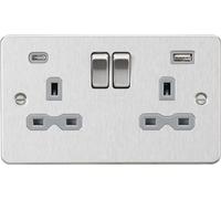 13A 2G SP Switched Socket with Dual USB A+C (5V DC 4.0A shared) - Brushed Chrome with Grey Insert