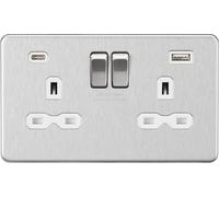 13A 2G SP Switched Socket with Dual USB A+C (5V DC 4.0A shared) - Brushed Chrome with White Insert
