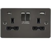 Knightsbridge FPR9940GM Flat Plate 13A 2G SP Switched Socket + 2xUSB A+C (5V DC 4.0A Shared) - Gunmetal + Black Insert