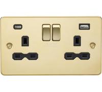 Knightsbridge FPR9940PB Flat Plate 13A 2G SP Switched Socket + 2xUSB A+C (5V DC 4.0A Shared) - Polished Brass + Black Insert