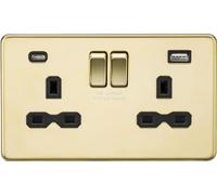 Knightsbridge SFR9940PB Screwless 13A 2G SP Switched Socket + 2xUSB A+C (5V DC 4.0A Shared) - Polished Brass + Black Insert