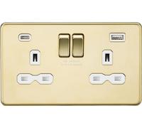 13A 2G SP Switched Socket with Dual USB A+C (5V DC 4.0A shared) - Polished Brass with White Insert