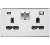 Knightsbridge SFR9940PC Screwless 13A 2G SP Switched Socket + 2xUSB A+C (5V DC 4.0A Shared) - Polished Chrome + Black Insert