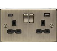 Knightsbridge London Switched Socket CS9940AB 13A 2G + 2x USB A+C Antique Brass + Black Insert