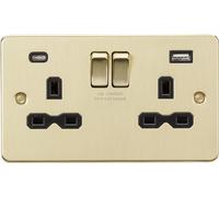 Knightsbridge Switched Socket FPR9940BB - 13A 2G + USB A+C 5V/4A shared - Brushed Brass Black Insert