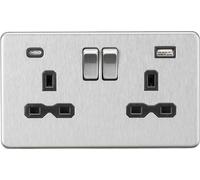 13A 2G SP Switched Socket with Dual USB C (5V DC 4.0A shared) - Brushed Chrome with Black Insert