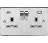 13A 2G SP Switched Socket with Dual USB C (5V DC 4.0A shared) - Brushed Chrome with Grey Insert