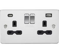 Knightsbridge FPR9940PC Flat Plate 13A 2G SP Switched Socket + 2xUSB A+C (5V DC 4.0A Shared) - Polished Chrome + Black Insert