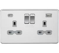13A 2G SP Switched Socket with Dual USB C (5V DC 4.0A shared) - Polished Chrome with Grey Insert