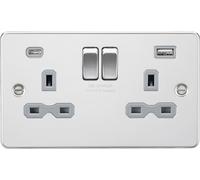 13A 2G SP Switched Socket with Dual USB C (5V DC 4.0A shared) - Polished Chrome with Grey Insert