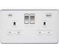 Knightsbridge Switched Socket SFR9940PCW - 2x USB A+C (5V/4A) - Polished Chrome & White Insert