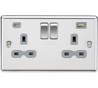 Knightsbridge CL9940PCG Rounded Edge 13A 2G SP Switched Socket + 2xUSB A+C (5V DC 4.0A Shared) - Polished Chrome + Grey Insert