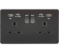 KnightsBridge 13A 2G Switched Socket, Dual USB (2.4A) with LED Charge Indicators - Matt Black
