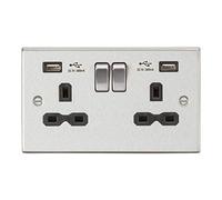 13A 2G Switched Socket Dual USB Charger (2.4A) with Black Insert - Square Edge Brushed Chrome