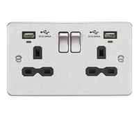 13A 2G Switched Socket, Dual USB Charger (2.4A) with Indicators - Brushed Chrome with Black Insert