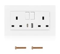 13A Double Plug Socket Practical Double Wall Socket Multifunctional Outdoor Double Socket with Two Type A and Single Type C USB Charging Ports for Home Bedroom Kitchen Office
