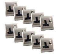 13A Double Pole Switched Single Socket - Brushed Chrome Slim Edge Stainless Steel Wall Plug Socket - BS1363 Certified - Trade Pack for Home & Commercial Installations (Pack in 10)