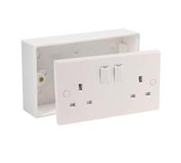 13A Double White Switched Socket Electrical Outlet with Fixing Screws & Double Pattress Back Box Surface Mounted 2 Gang (10, SET with 35mm Box)