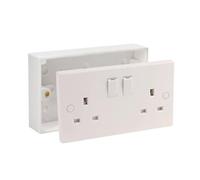 13A Double White Switched Socket Electrical Outlet with Fixing Screws & Double Pattress Back Box Surface Mounted 2 Gang (1, SET with 25mm Box)