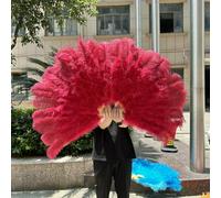 13Bone Big Rose Ostrich Feather Fan for Party Dance Show Performance Props Plumes Fans Crafts DIY Foldable Feathers Fan 2Sizes-Wine red-1PCS 100CM