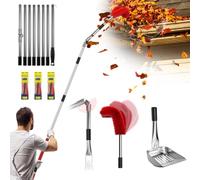 13ft Gutter Cleaning Tools From the Ground, No Ladder Needed, 3-in-1 Gutter Cleaner Pole with Replaceable Brush Rake Scoop, 180° Adjustable Angle for Leaves & Debris Cleaning with Grip Tapes, Red