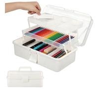 13in 3-Layer Plastic Storage Box, Multipurpose Portable Tool Box Craft Storage Organiser Box with 2 Divided Trays and Large Bottom Space, Craft Sewing Box Office Supplies Storage Case with Clear Lid